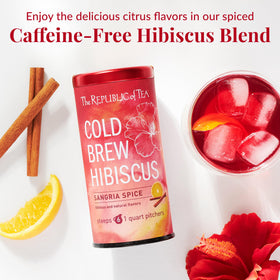 The Republic of Tea iced tea cup with sangria spice, inviting citrus and spice flavor experience.