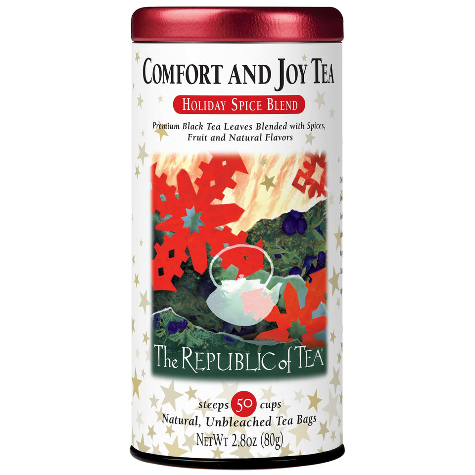 The Republic of Tea Comfort and Joy tea bags in a cup deliver cozy warmth and festive flavor.