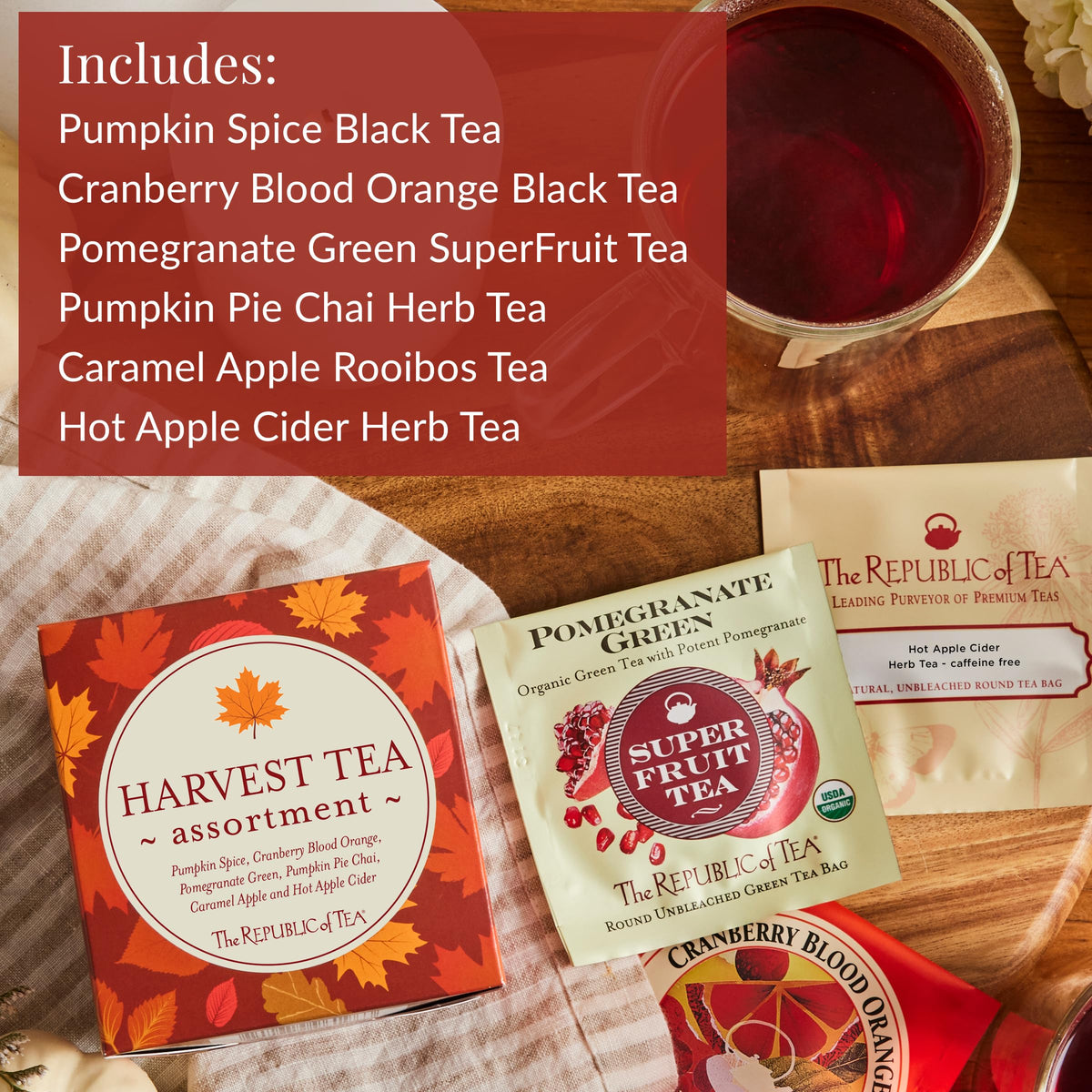 The Republic of Tea Cranberry Blood Orange Black Tea bag, bright citrus sweetness.