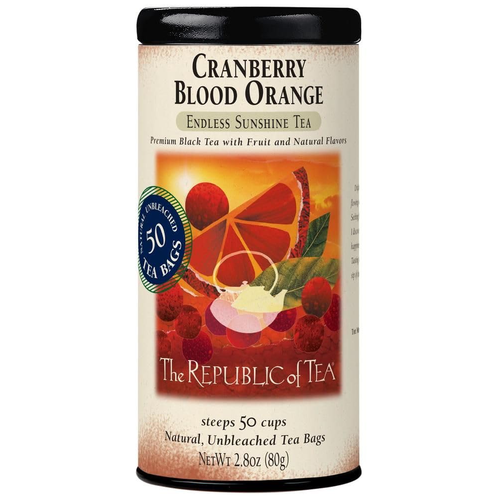 The Republic of Tea cranberry blood orange tea bags showing vibrant fruit flavor.