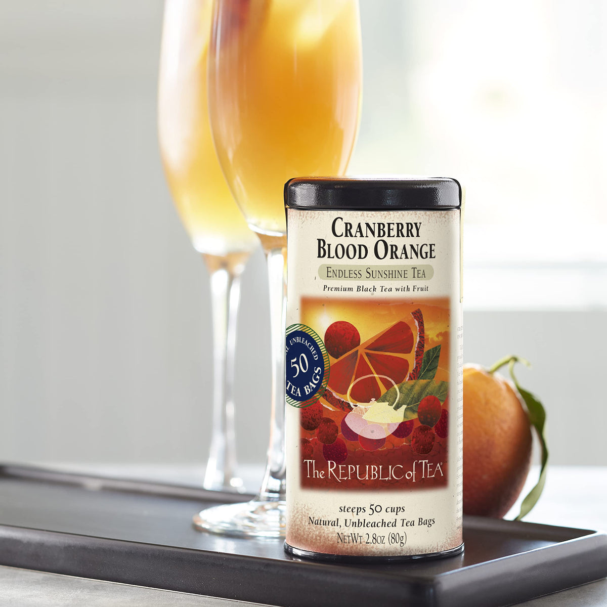 The Republic of Tea cranberry blood orange tea cup ready to brew a refreshing option.