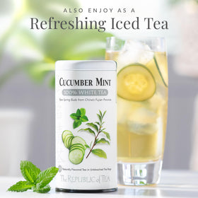 The Republic of Tea cucumber mint white tea bag close-up highlights spearmint notes