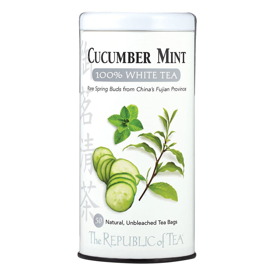 The Republic of Tea cucumber mint white tea bags on display for a refreshing low-caffeine cup
