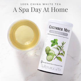 The Republic of Tea cucumber mint white tea packets opened, inviting a cool aromatic brew