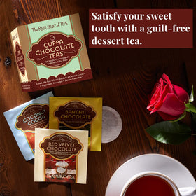 Close-up of The Republic of Tea cuppa chocolate tea bags