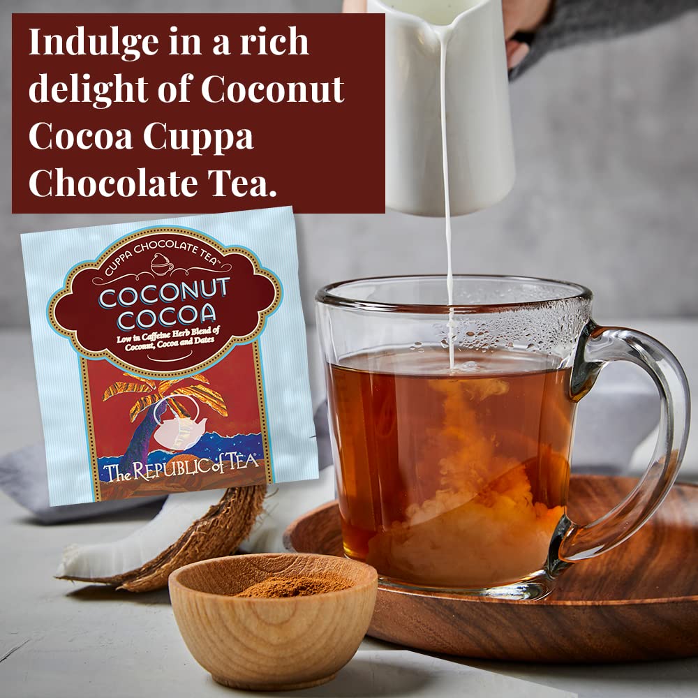 A cup of The Republic of Tea cuppa chocolate tea served steam rising