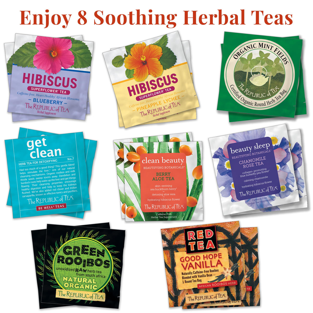 The Republic of Tea setup with cups showcases ready-to-sip flavor variety