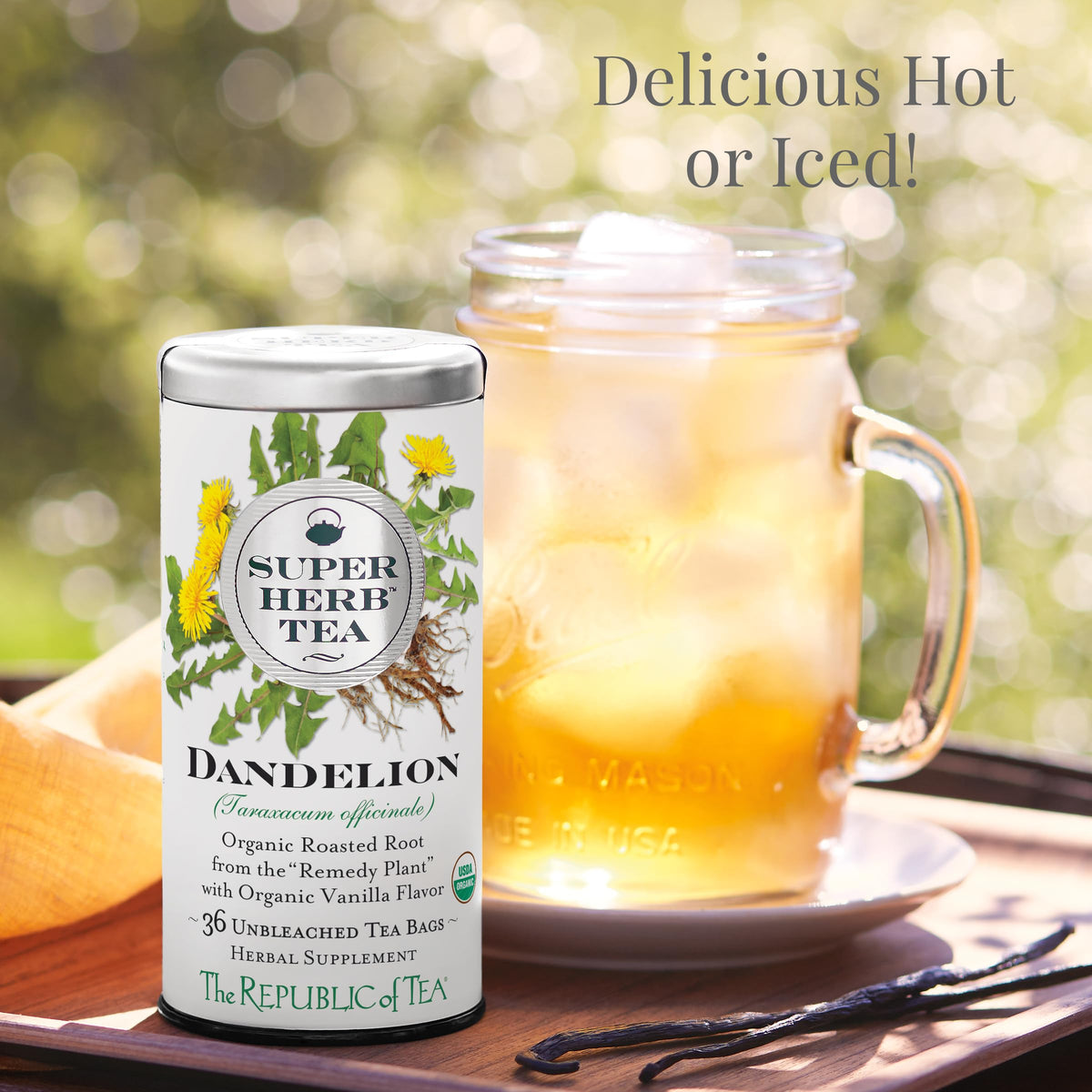 The Republic of Tea roasted dandelion root with vanilla flavor delivers earthy aroma and smooth finish.