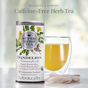 The Republic of Tea Dandelion SuperHerb tea bags ready to steep for a warm cup.
