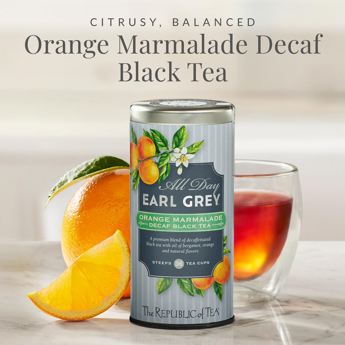 The Republic of Tea decaf black tea with bergamot and orange zest, ideal for afternoon unwind
