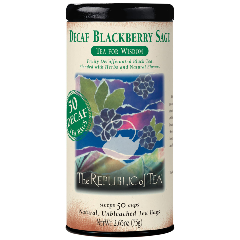 The Republic of Tea decaf blackberry sage tea tin with 50 bags for caffeine-free moments.