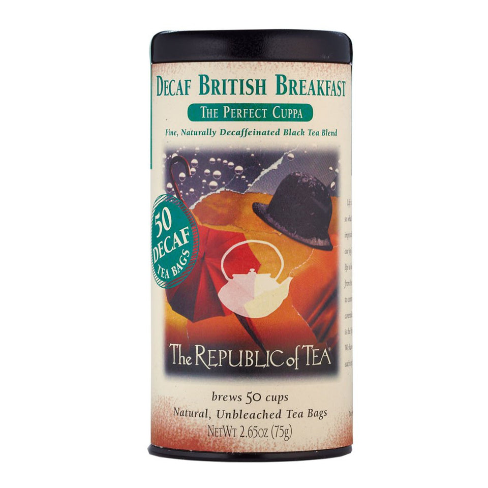 The Republic of Tea decaf British Breakfast tea bags in a tin for a rich morning brew.