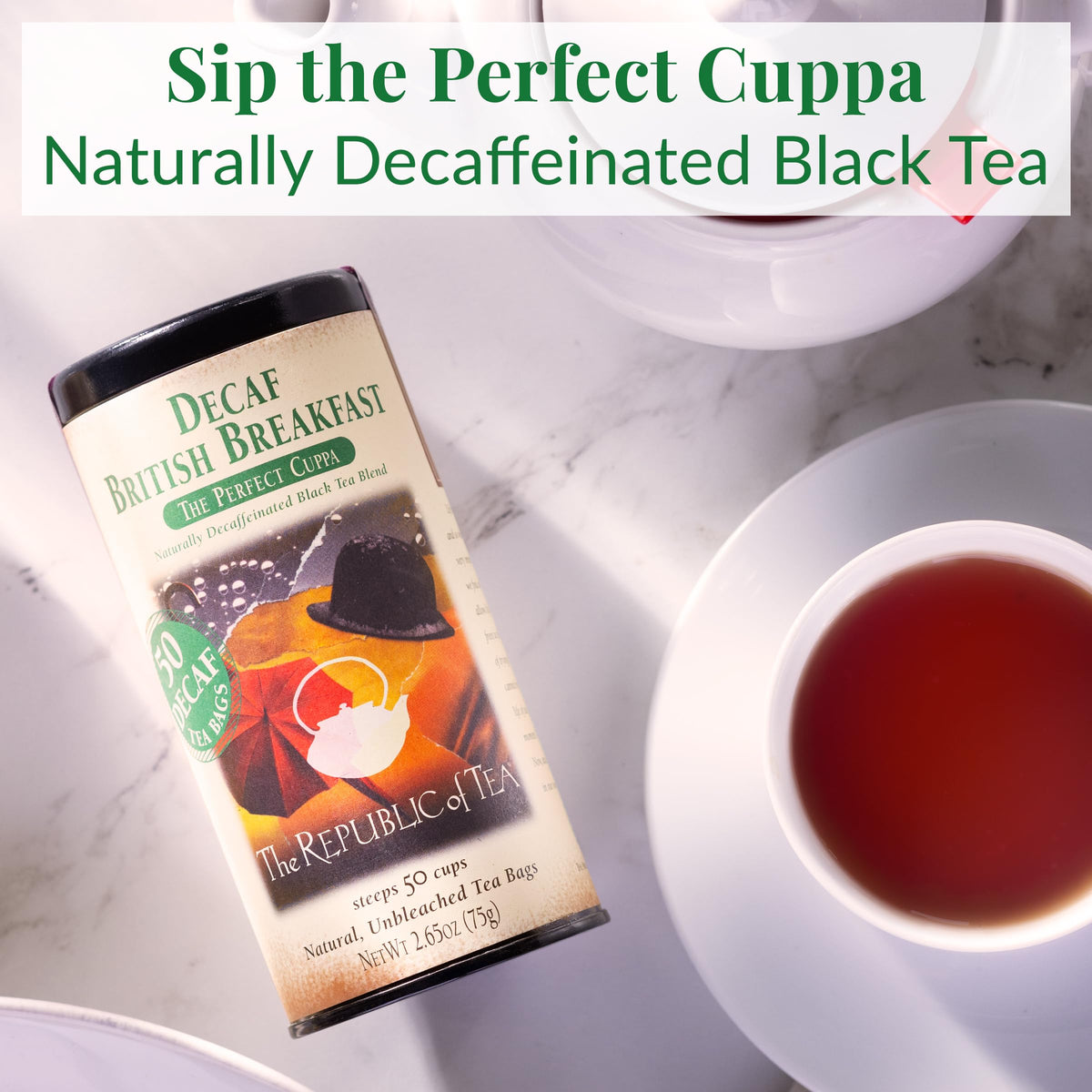 Close-up of The Republic of Tea tin lid highlighting premium decaf black tea.