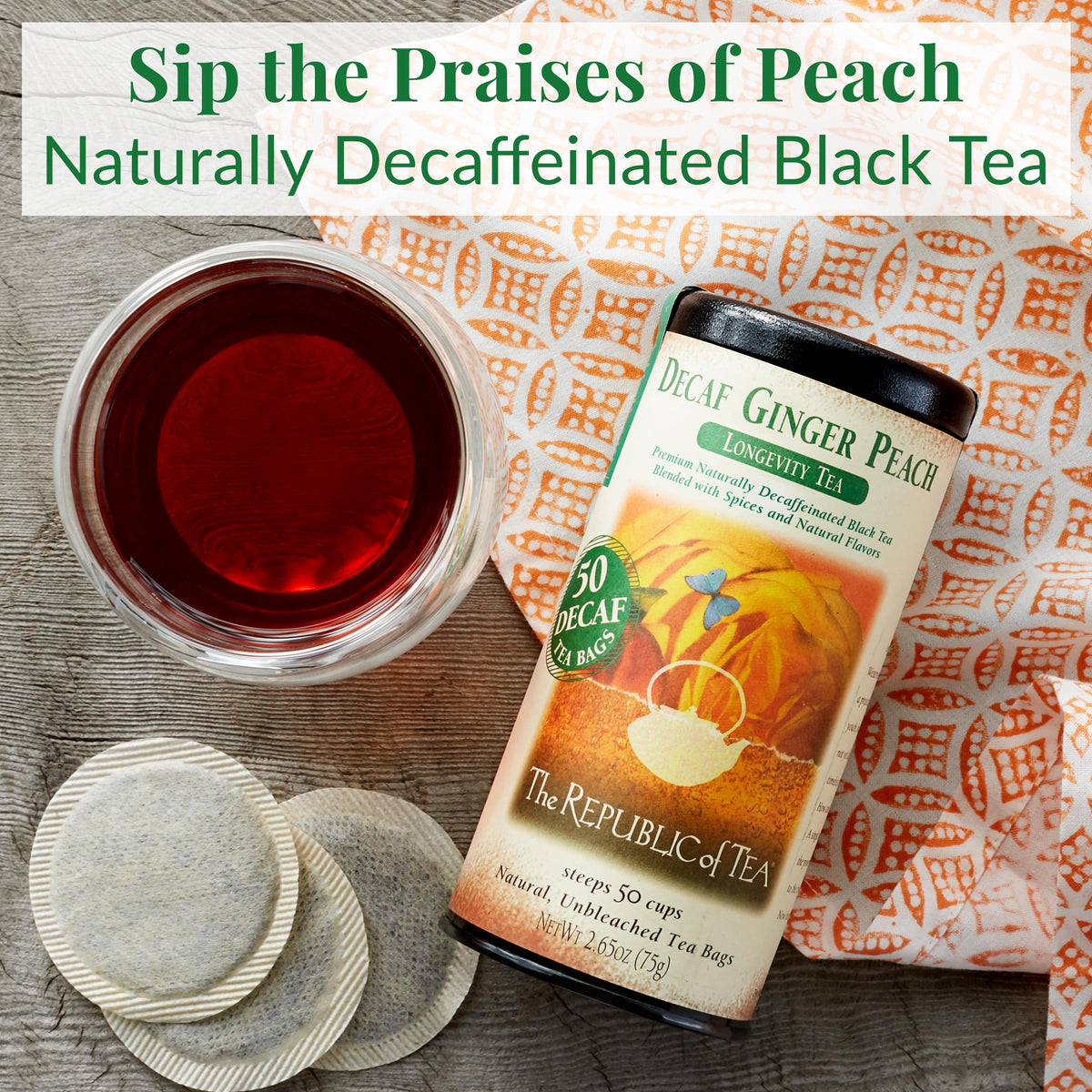The Republic of Tea decaf ginger peach tea bags brew a smooth, flavorful cup.