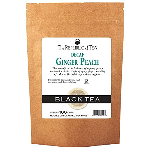 The Republic of Tea decaf ginger peach tea bags for a flavorful, late-evening cup.