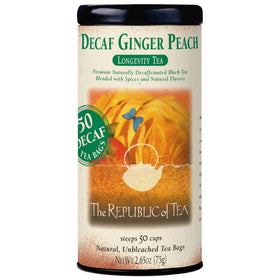 The Republic of Tea decaf ginger peach tea tin for caffeine-free evenings.