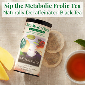 The Republic of Tea decaf Mango Ceylon tea bags reveal a bright, inviting aroma.