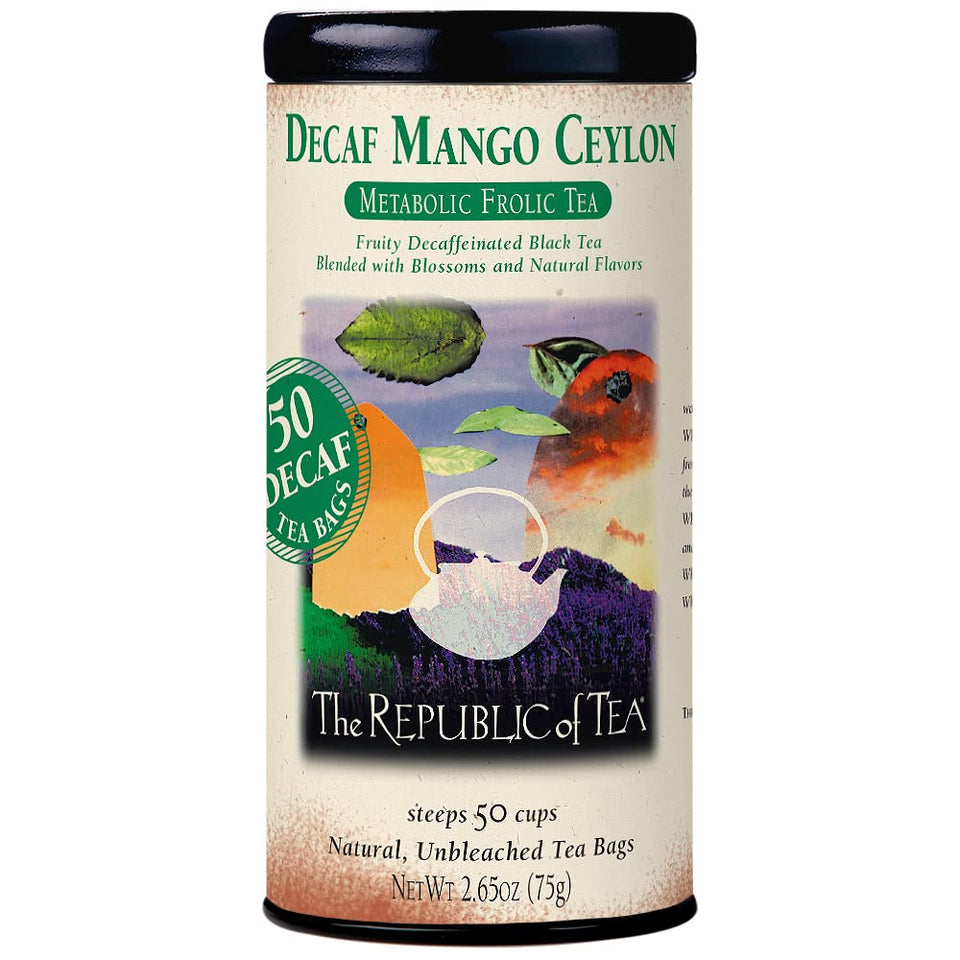 The Republic of Tea decaf Mango Ceylon tin front view for relaxing evenings.