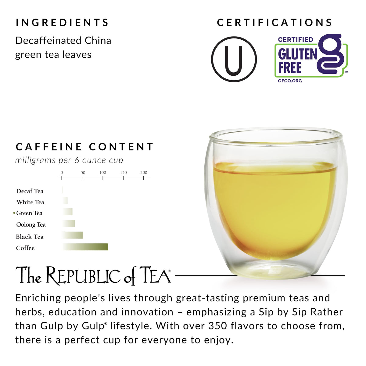 A steaming cup of The Republic of Tea decaf People's Green Tea aroma in focus.
