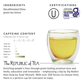 A steaming cup of The Republic of Tea decaf People's Green Tea aroma in focus.