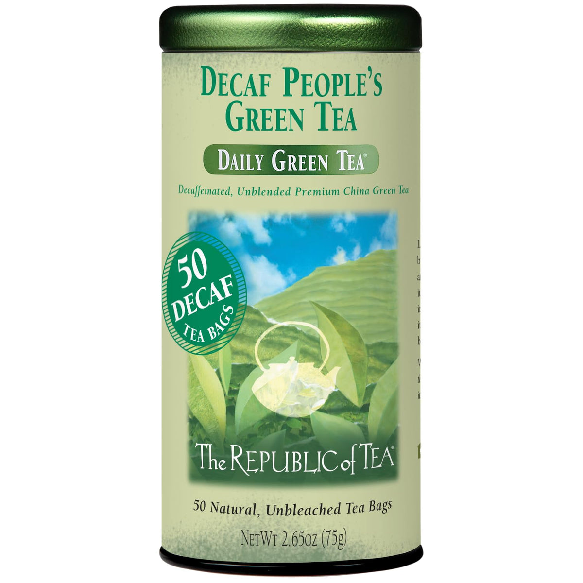 The Republic of Tea decaf People's Green Tea tin with premium packaging and convenient bags.