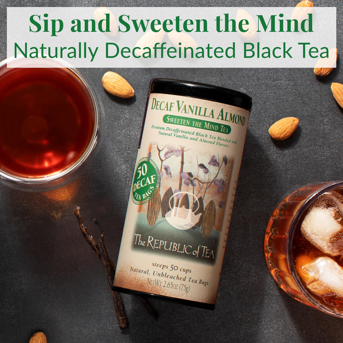 The Republic of Tea tin back label shows decaf notes and eco-friendly credentials.
