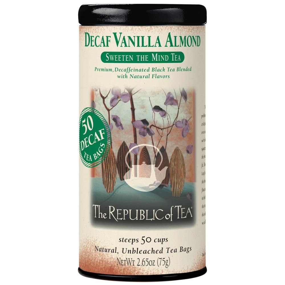 The Republic of Tea decaf vanilla almond tea tin front view, premium packaging for gifting or self-care.