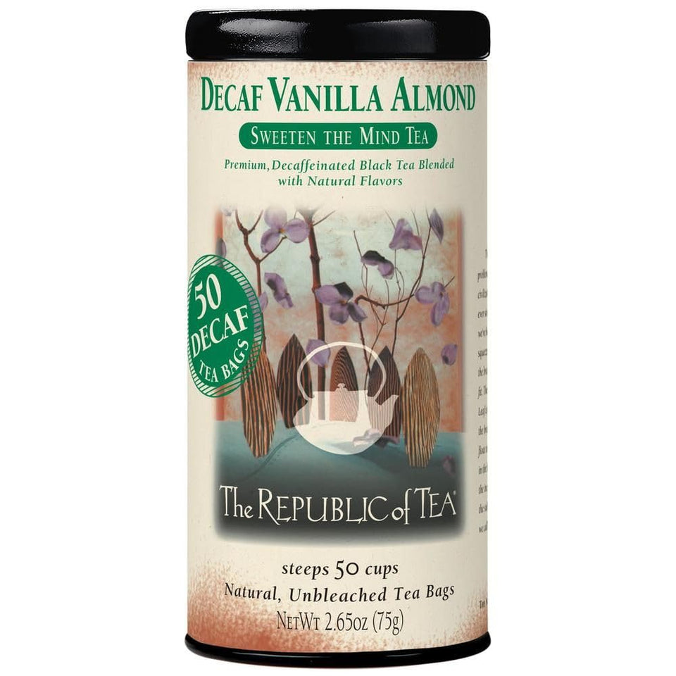The Republic of Tea decaf vanilla almond tea tin front view, premium packaging for gifting or self-care.