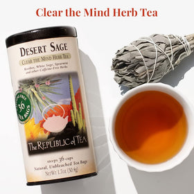 The Republic of Tea Desert Sage herbal blend ingredients close-up, highlighting peppermint, sage and rooibos.