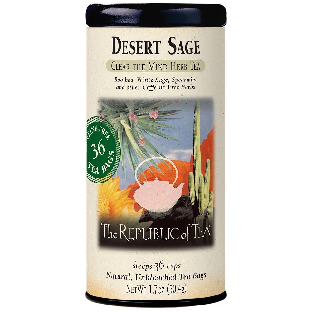 The Republic of Tea Desert Sage tea bags in a box, ready to brew.