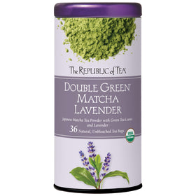 The Republic of Tea double green matcha lavender tea bag closeup for a smooth aroma.