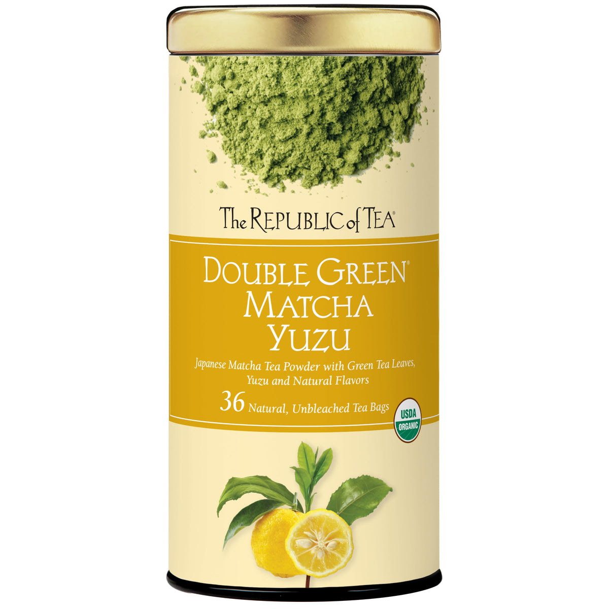 The Republic of Tea double green matcha yuzu canister front, a premium citrus-green tea experience in a reusable container.
