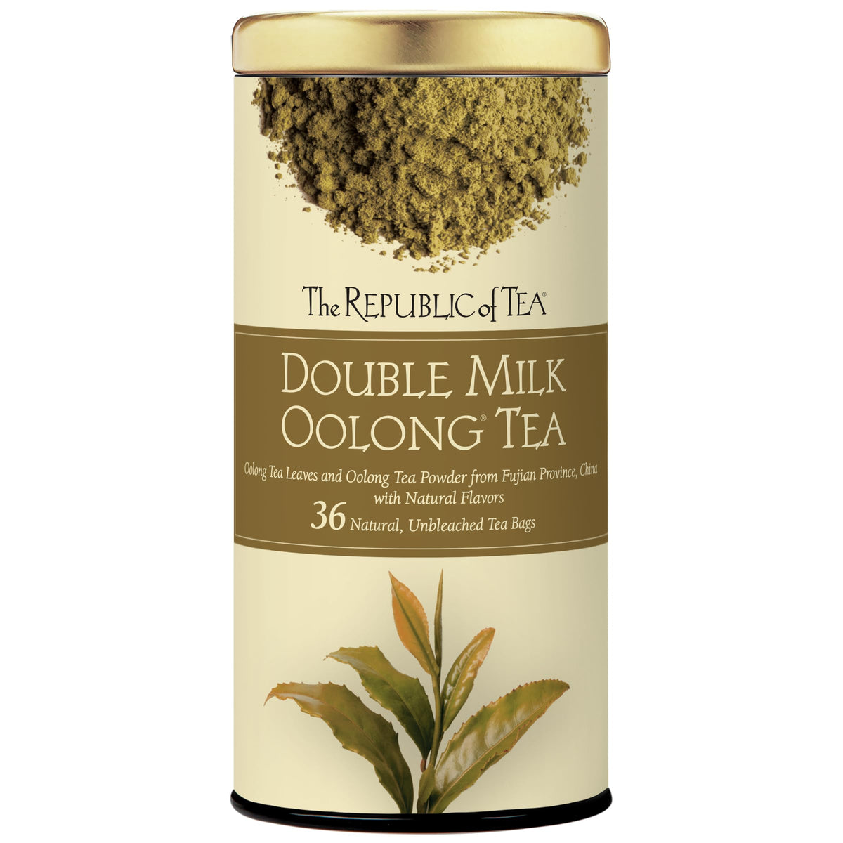 The Republic of Tea Double Milk Oolong tin front view, premium packaging ideal for gifting
