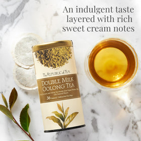 The Republic of Tea Double Milk Oolong tin interior with 36 tea bags for home brewing