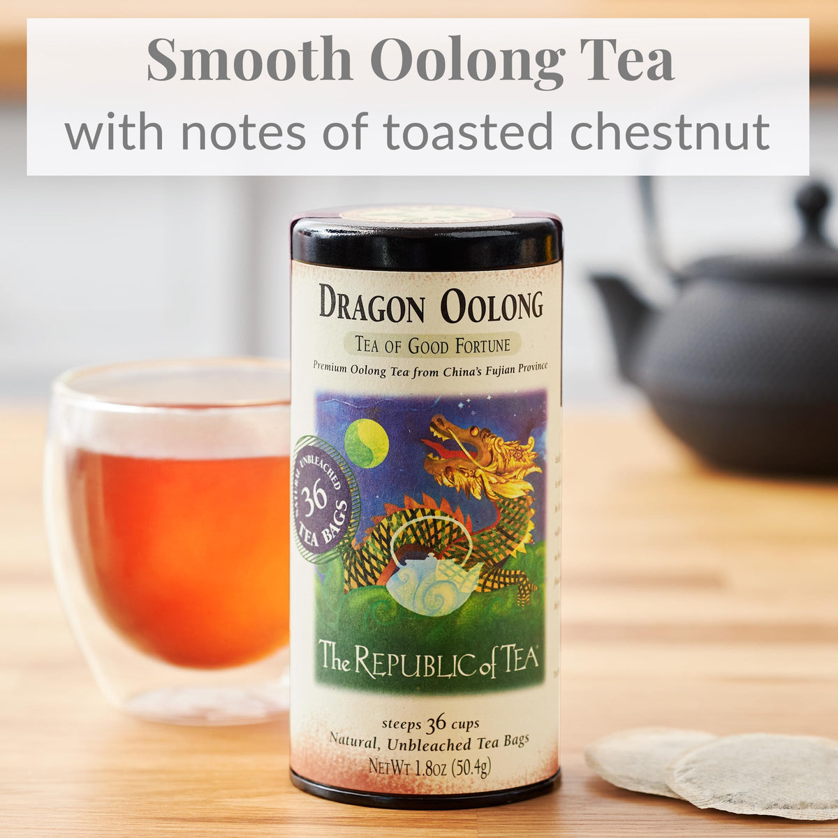 Dragon Oolong tin back label shows Fujian origin and natural caffeine.