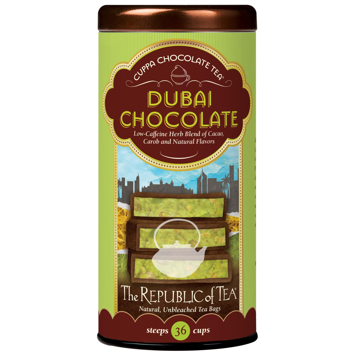 The Republic of Tea Dubai Chocolate Cuppa tea bags pack for indulgent moments.