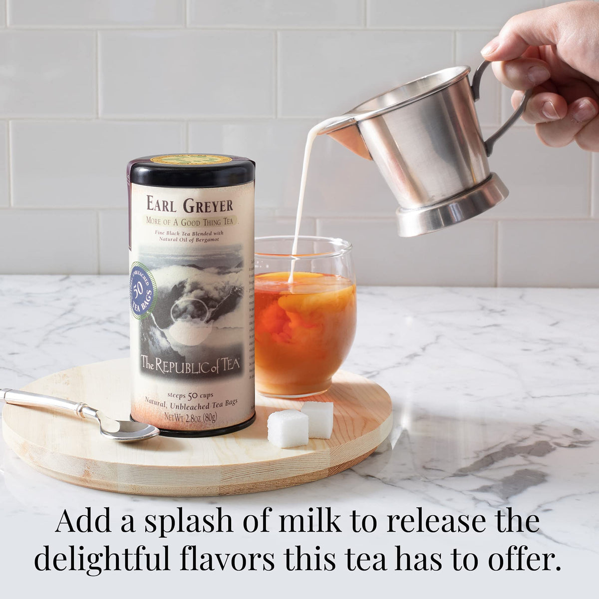 The Republic of Tea Earl Greyer cup steeping releases citrus fragrance and warmth.