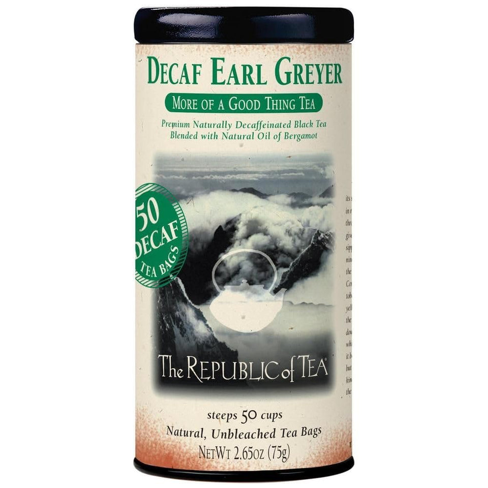The Republic of Tea Earl Greyer Decaf Tea canister preserves freshness for daily enjoyment.