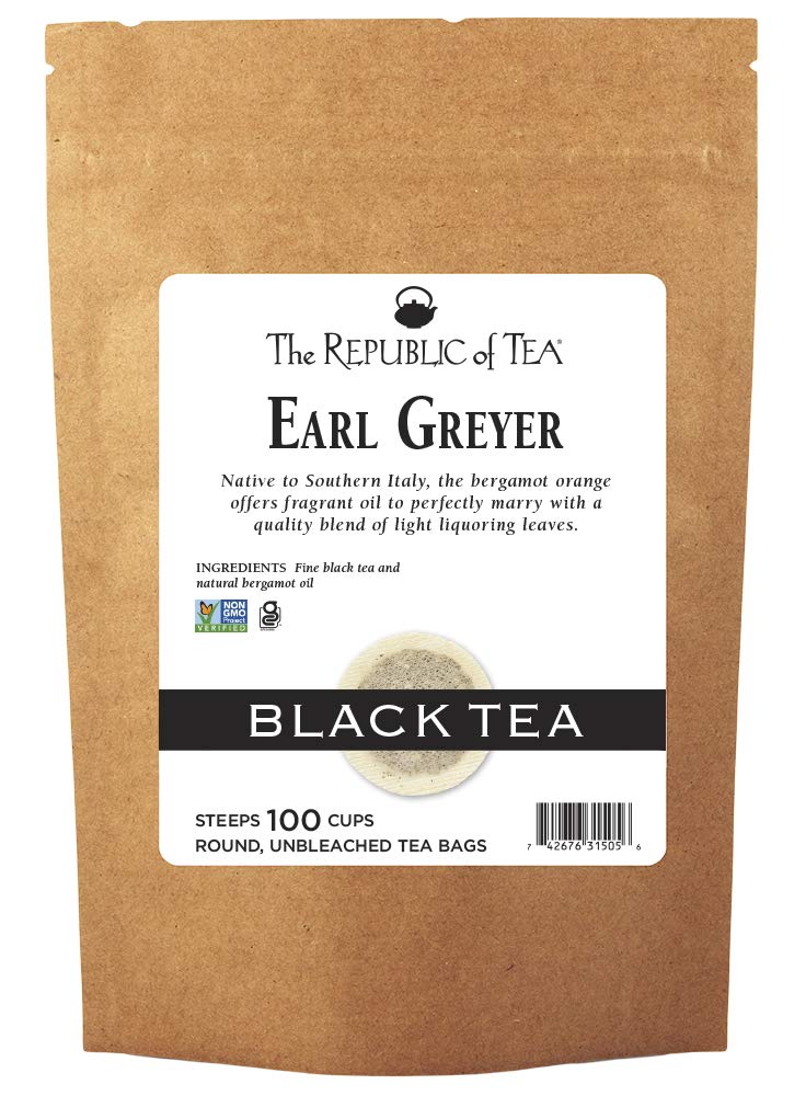 The Republic of Tea Earl Greyer tea bags in front-pack, highlighting premium bergamot flavor