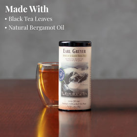 The Republic of Tea Earl Greyer label close-up highlights bergamot oil quality.
