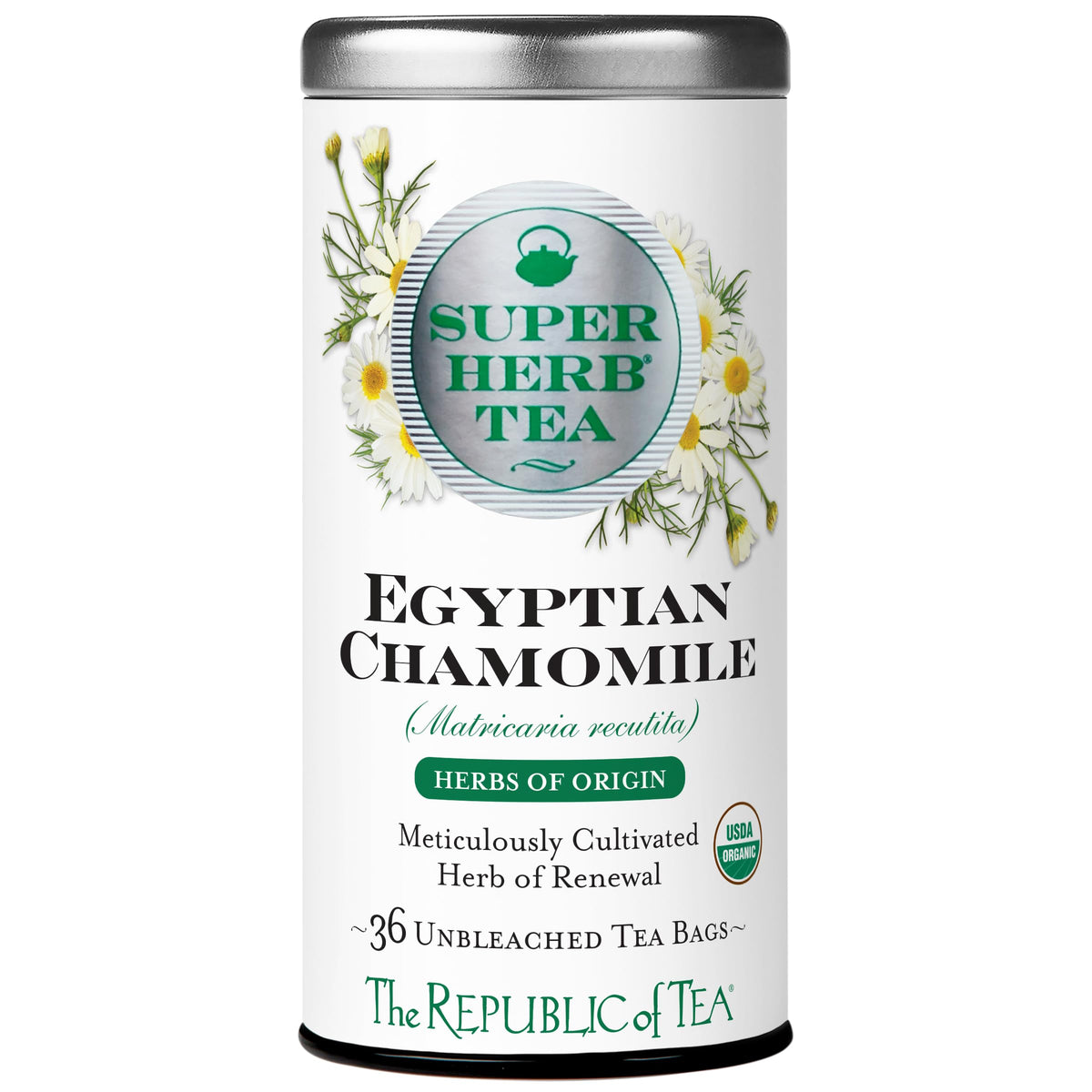 The Republic of Tea Egyptian Chamomile SuperHerb Tea Tin offers caffeine-free aroma for relaxing evenings.