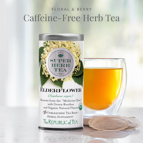 The Republic of Tea elderflower tea bags inside tin offer easy brewing.