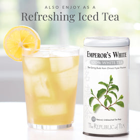 Emperor's White Tea tea bag closeup emphasizing soft flavor and simple steeping.