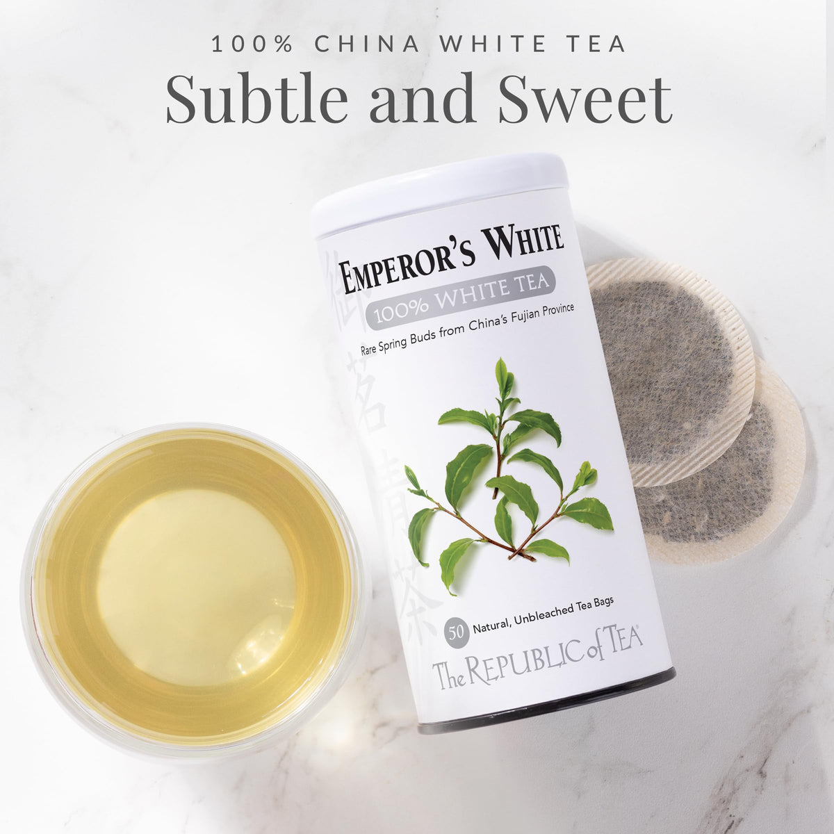 The Republic of Tea Emperor's White Tea tin back with ingredients and certifications.