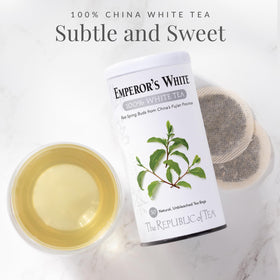 The Republic of Tea Emperor's White Tea tin back with ingredients and certifications.