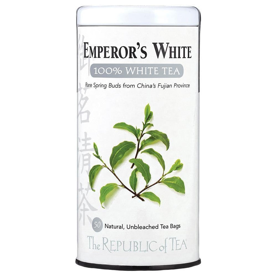 The Republic of Tea Emperor's White Tea tin front view, showing zero calories and sugar-free option.