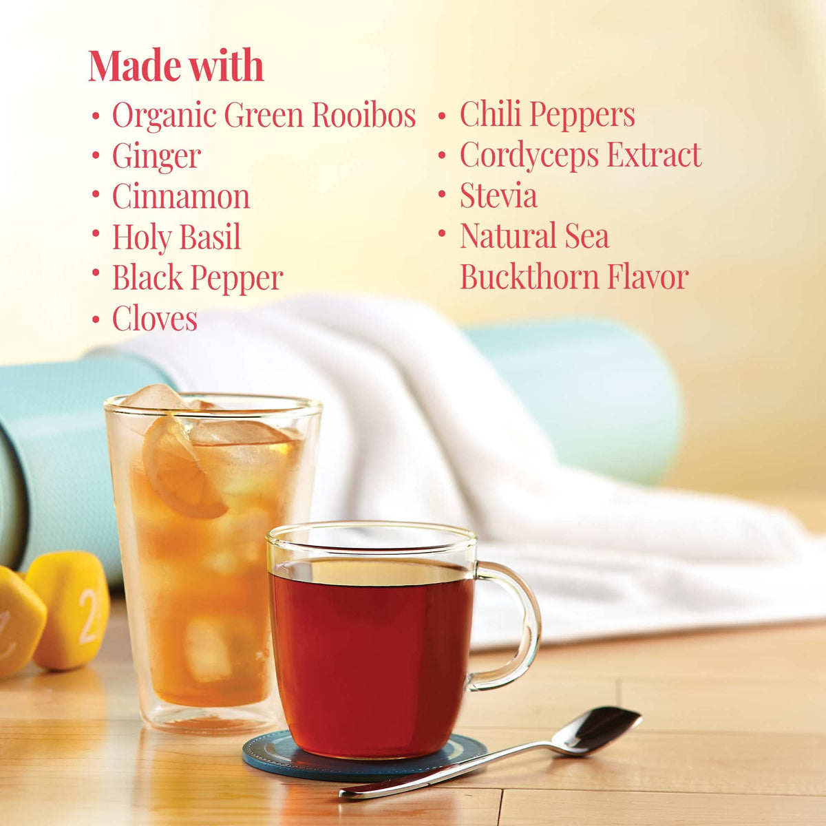 Ingredients label highlights organic green rooibos and spices for flavor depth.