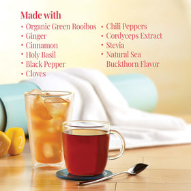 Ingredients label highlights organic green rooibos and spices for flavor depth.