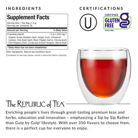 Organic green rooibos base emphasizes natural flavor and aroma.