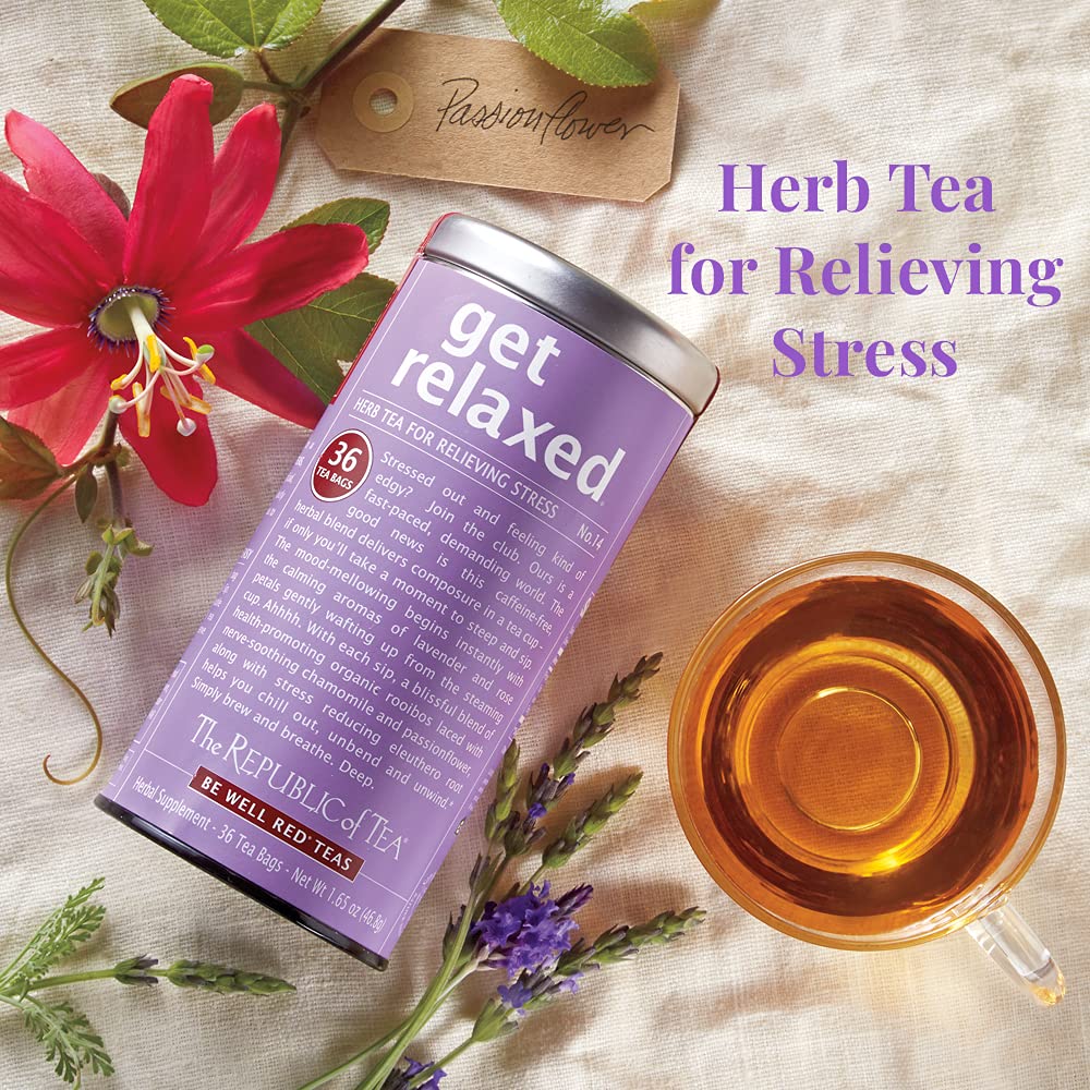The Republic of Tea Get Relaxed No.14 rooibos-chamomile blend on display for caffeine-free unwind.